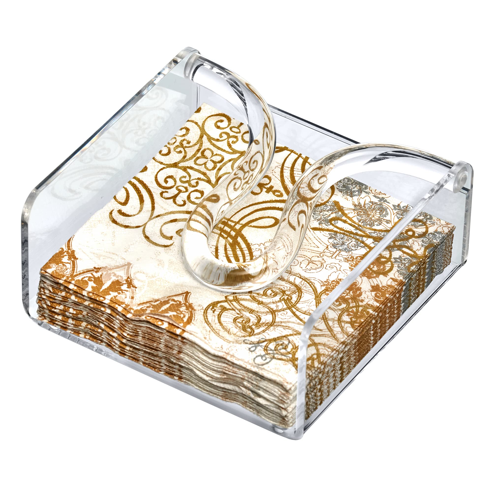 Amazing Abby cocktail napkin holder in crystal-clear acrylic keeps napkins organized on kitchen counters.