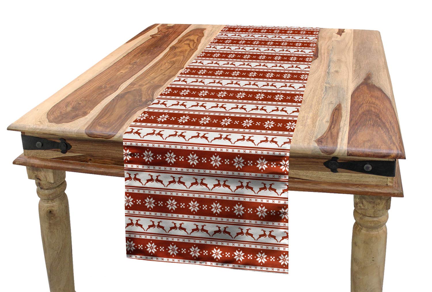 Ambesonne Christmas table runner with a reindeer-striped border enhances holiday dining ambience.