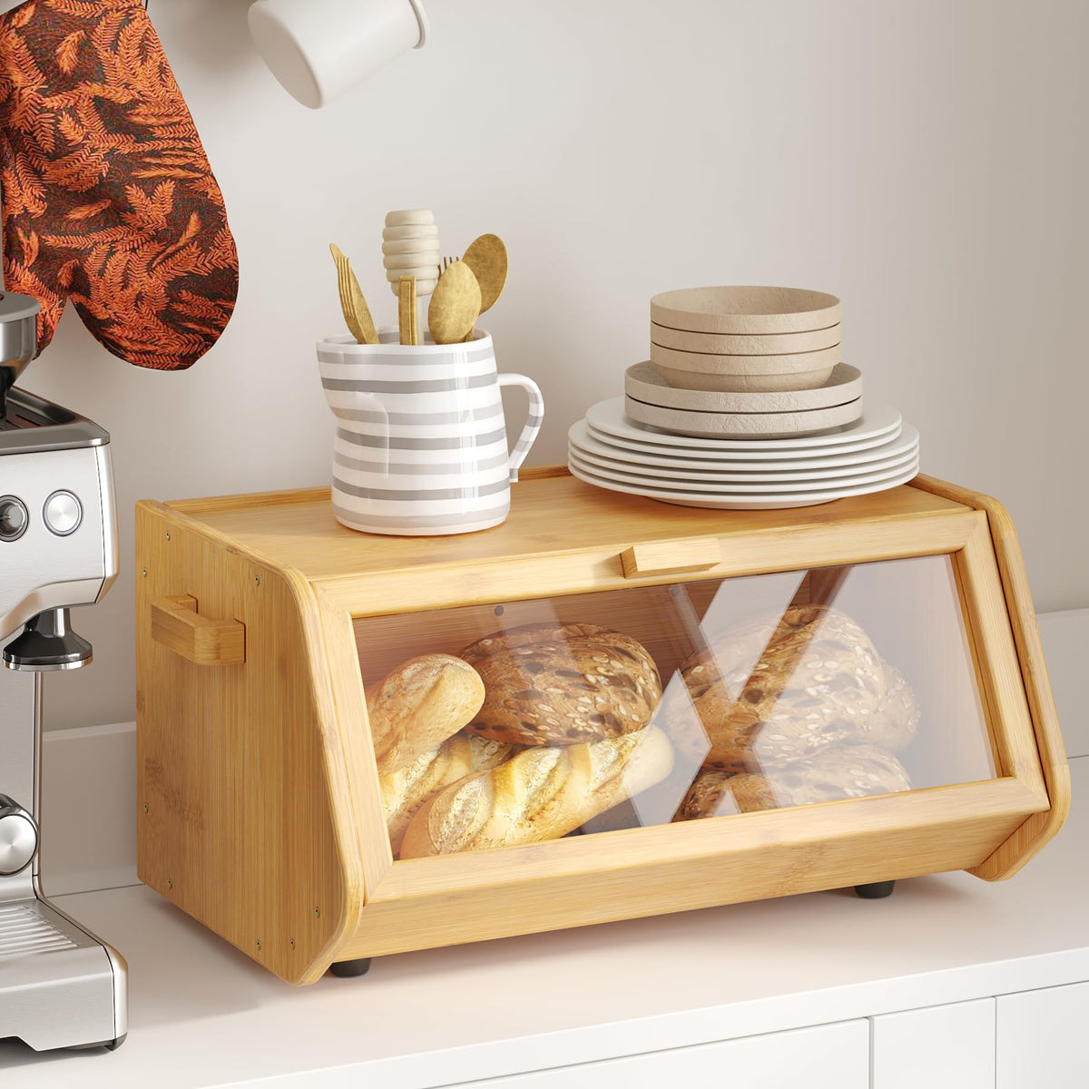 AMBIRD Bamboo Bread Box front view with window showing stylish kitchen storage