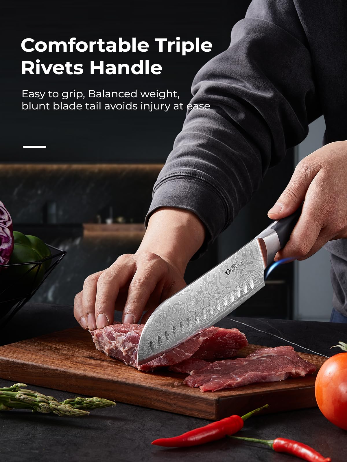 AMEGAT 7-inch santoku knife for precise mincing.