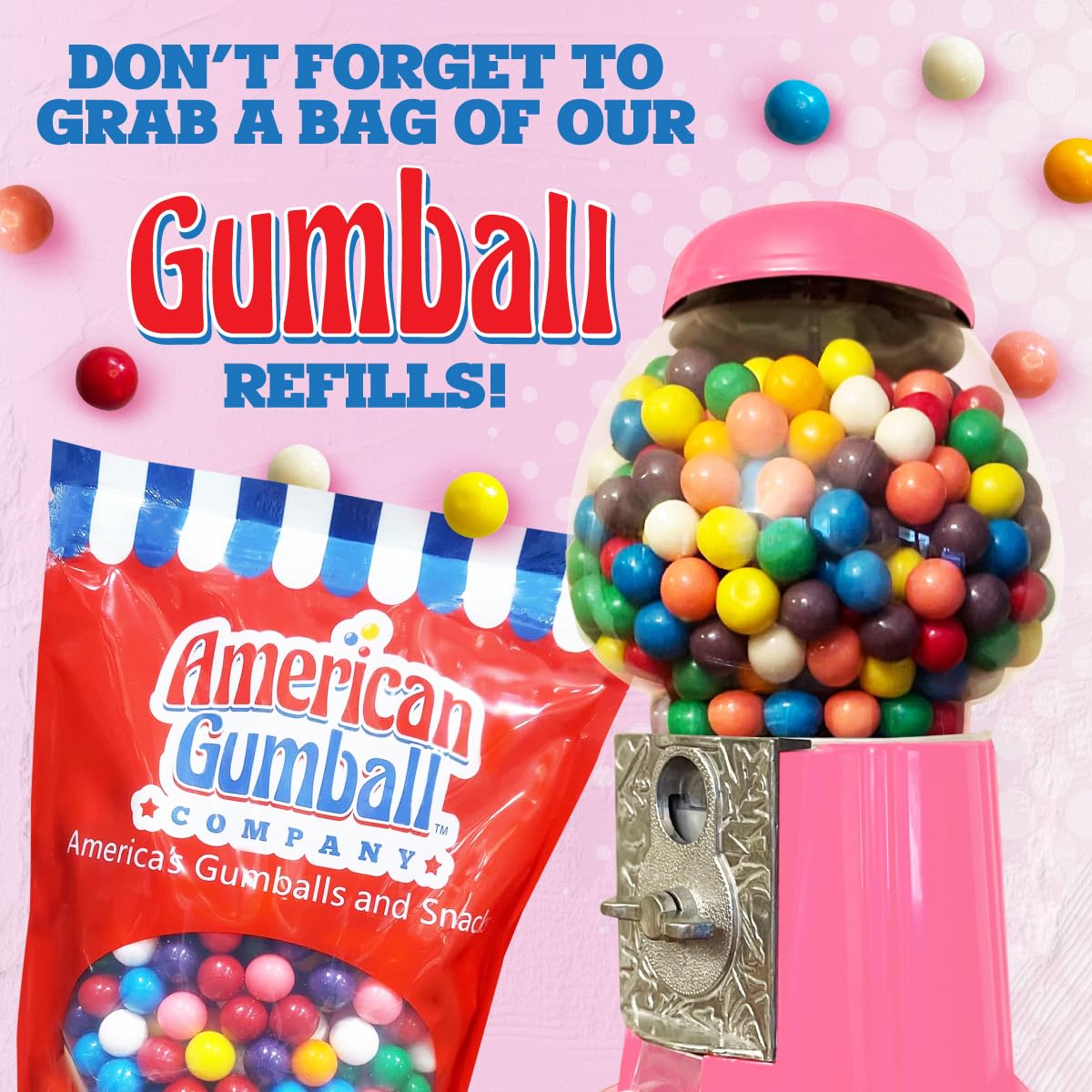 American Gumball Company dispense chute, versatile snack options like gumballs, candies, or nuts.