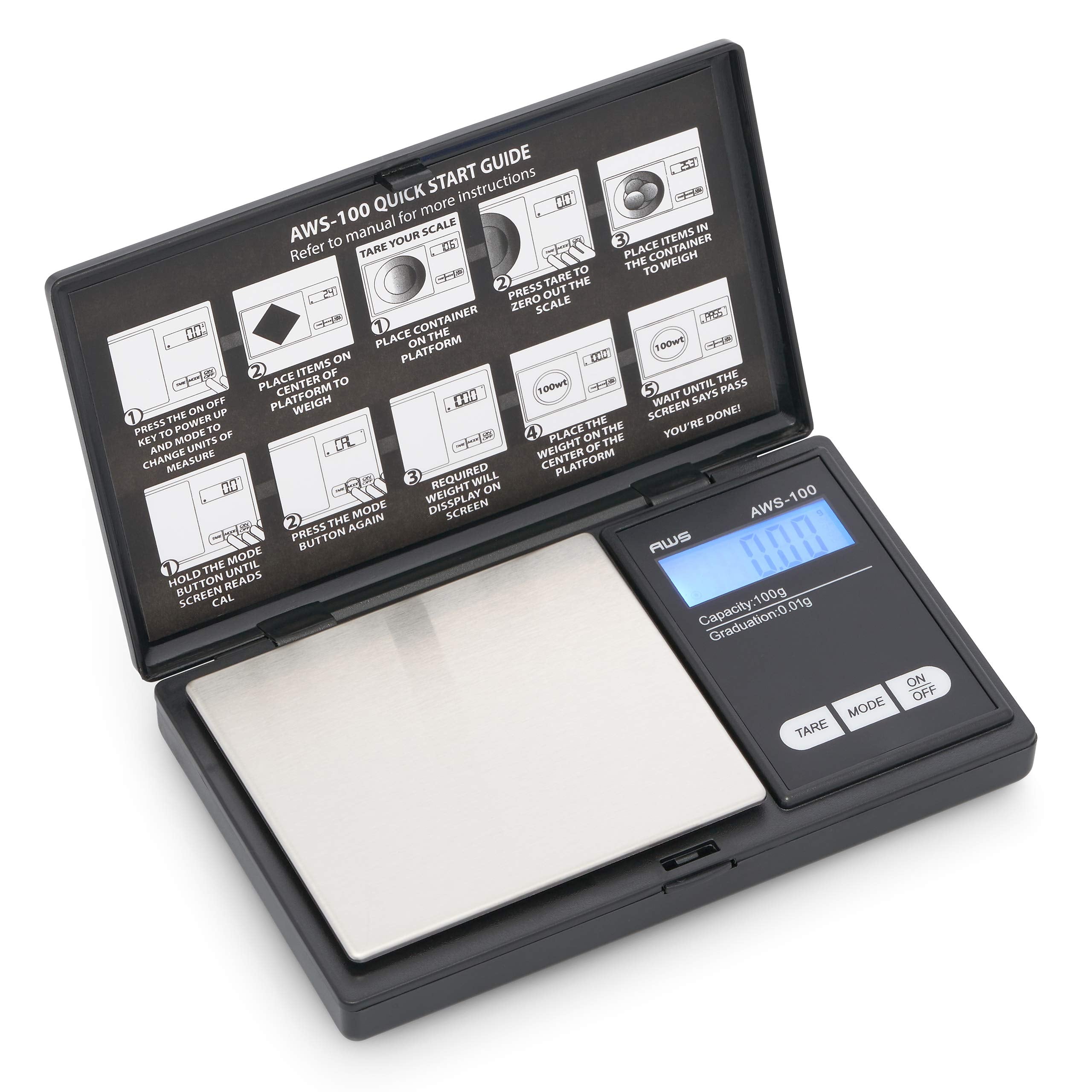 AMERICAN WEIGH SCALES AWS-100 shows grams ounces carats and grains measurement options