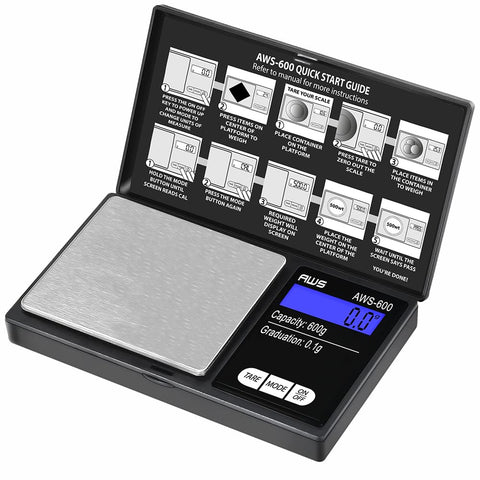 American Weigh Scales pocket scale with 0.1 g precision and clear LCD display.