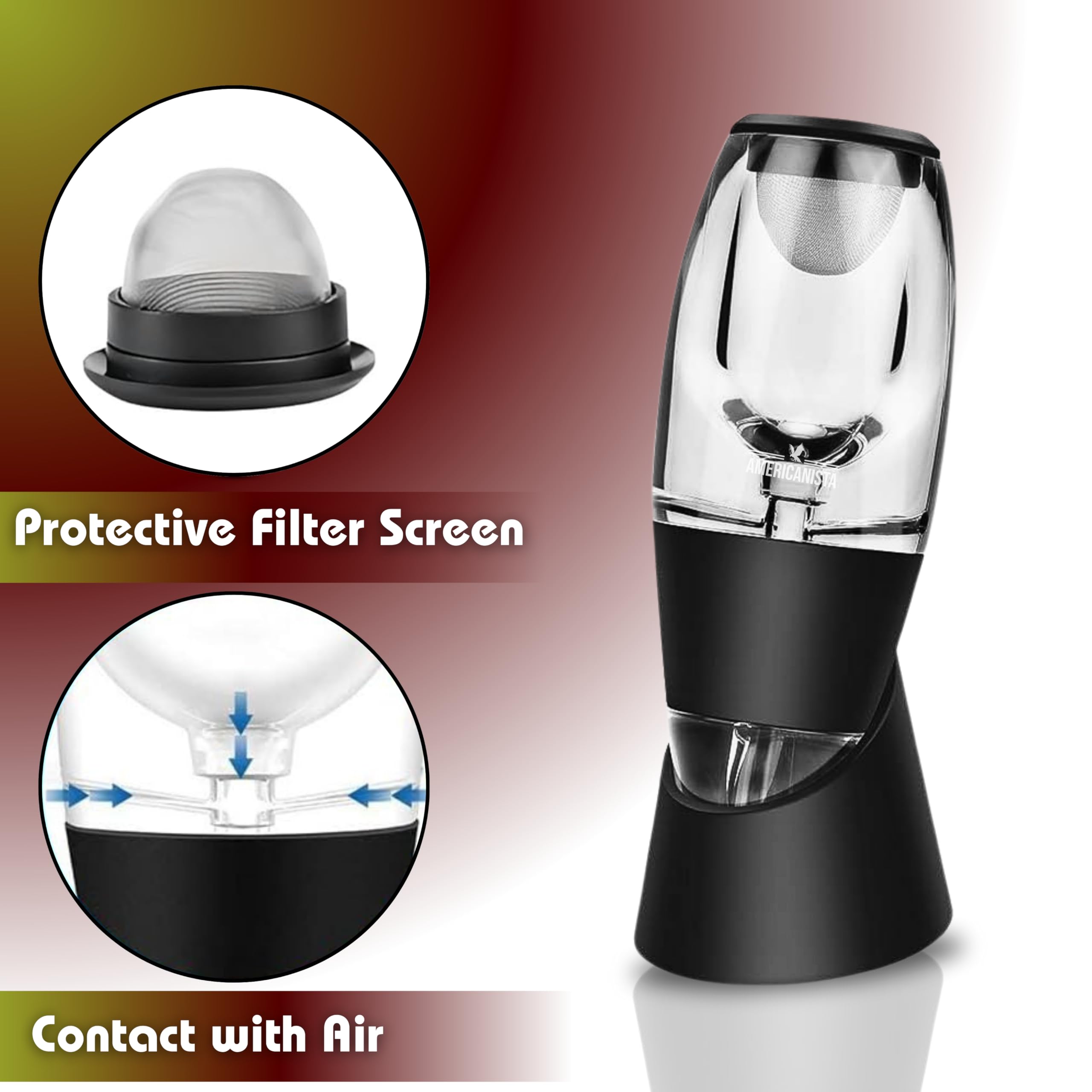 AMERICANISTA Aerator with Filter highlights sediment removal for smoother wine pours.