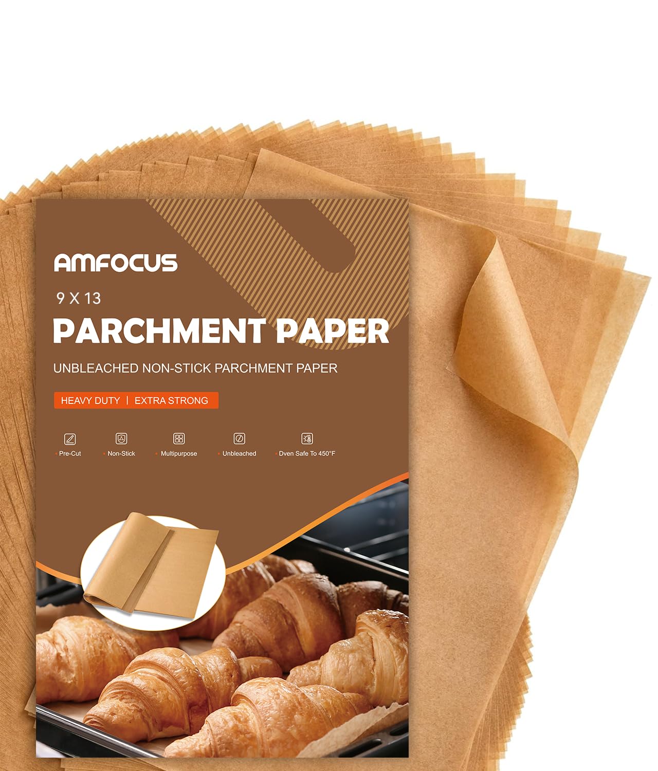 AMFOCUS parchment sheets pre-cut for 9x13 pans, ideal for quick baking.