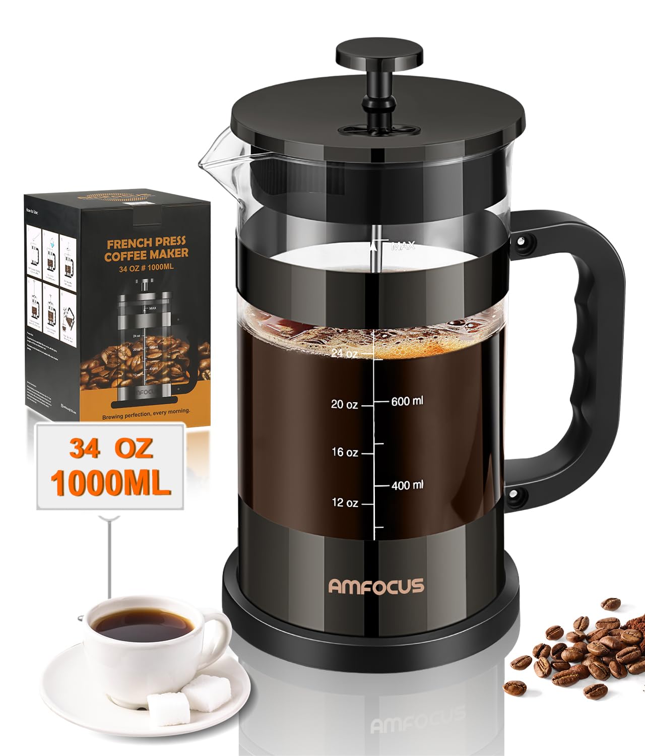 AMFOCUS French Press 34oz beaker exterior shows durable borosilicate glass for heat resistance.