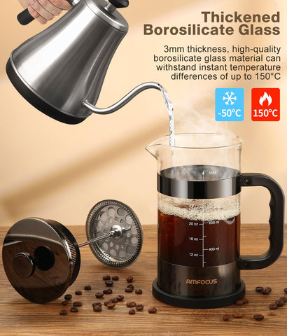 AMFOCUS French Press filter assembly emphasizes precise grounds separation and oils capture.