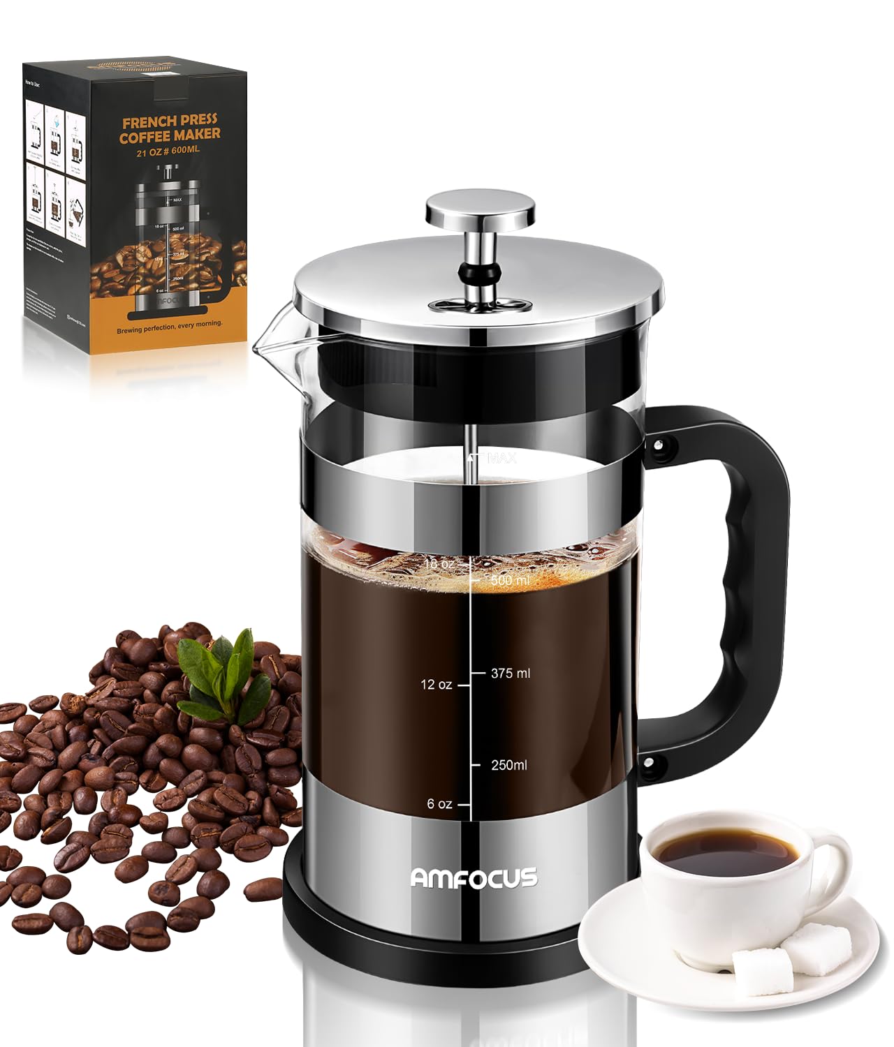 AMFOCUS French Press glass carafe shows crystal clarity for clean brew