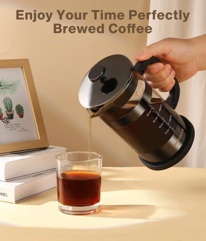 AMFOCUS French Press in-use setup with mug illustrates convenient brewing anywhere.