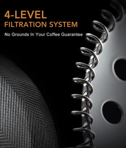 AMFOCUS French Press lid and filter close-up highlights 4-level filtration for rich extraction.