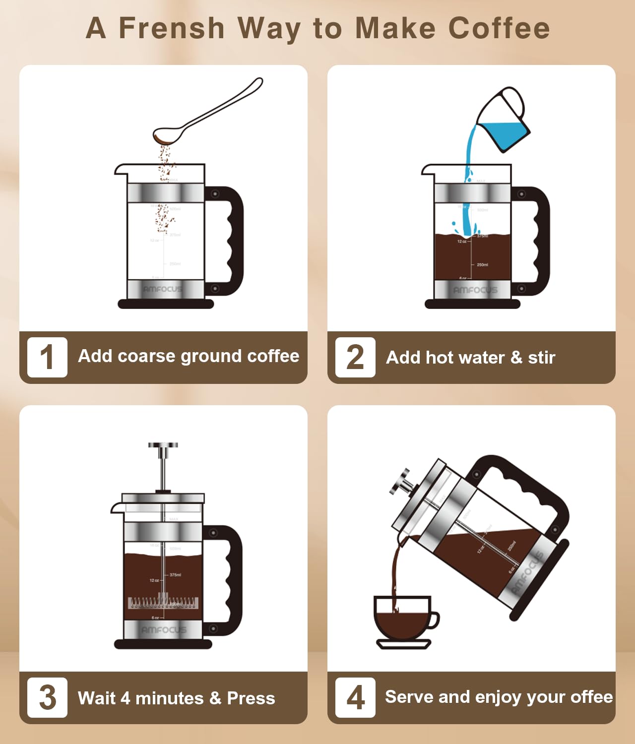 AMFOCUS French Press stainless-steel plunger showcases durability for daily coffee ritual.