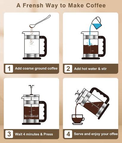 AMFOCUS French Press stainless-steel plunger showcases durability for daily coffee ritual.