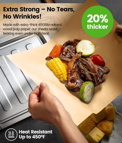 AMFOCUS parchment sheets 12x16 cut for easy fit on standard quarter sheet pans.