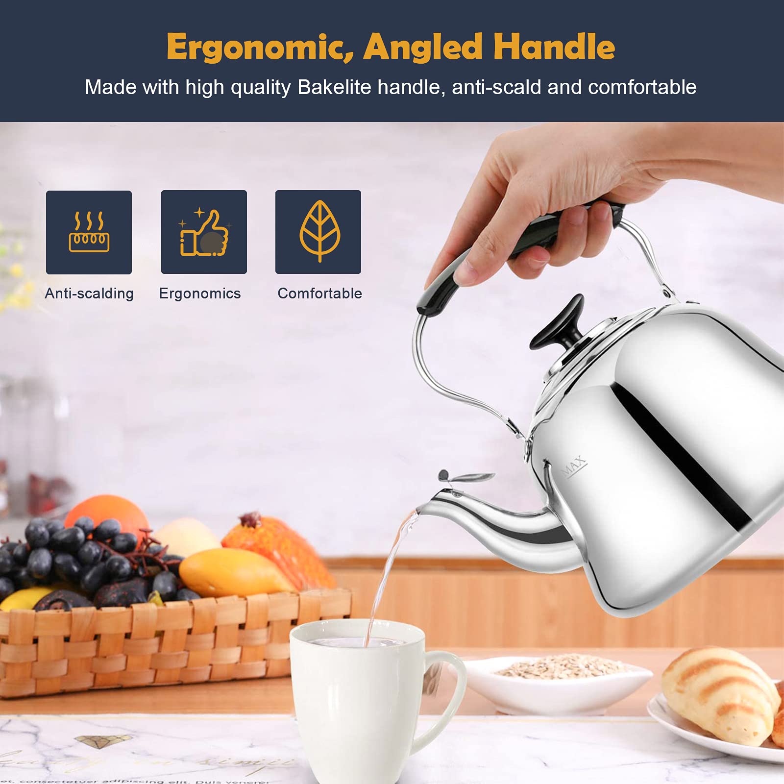 AMFOCUS Tea Kettle 2-quart capacity serves family or friends.