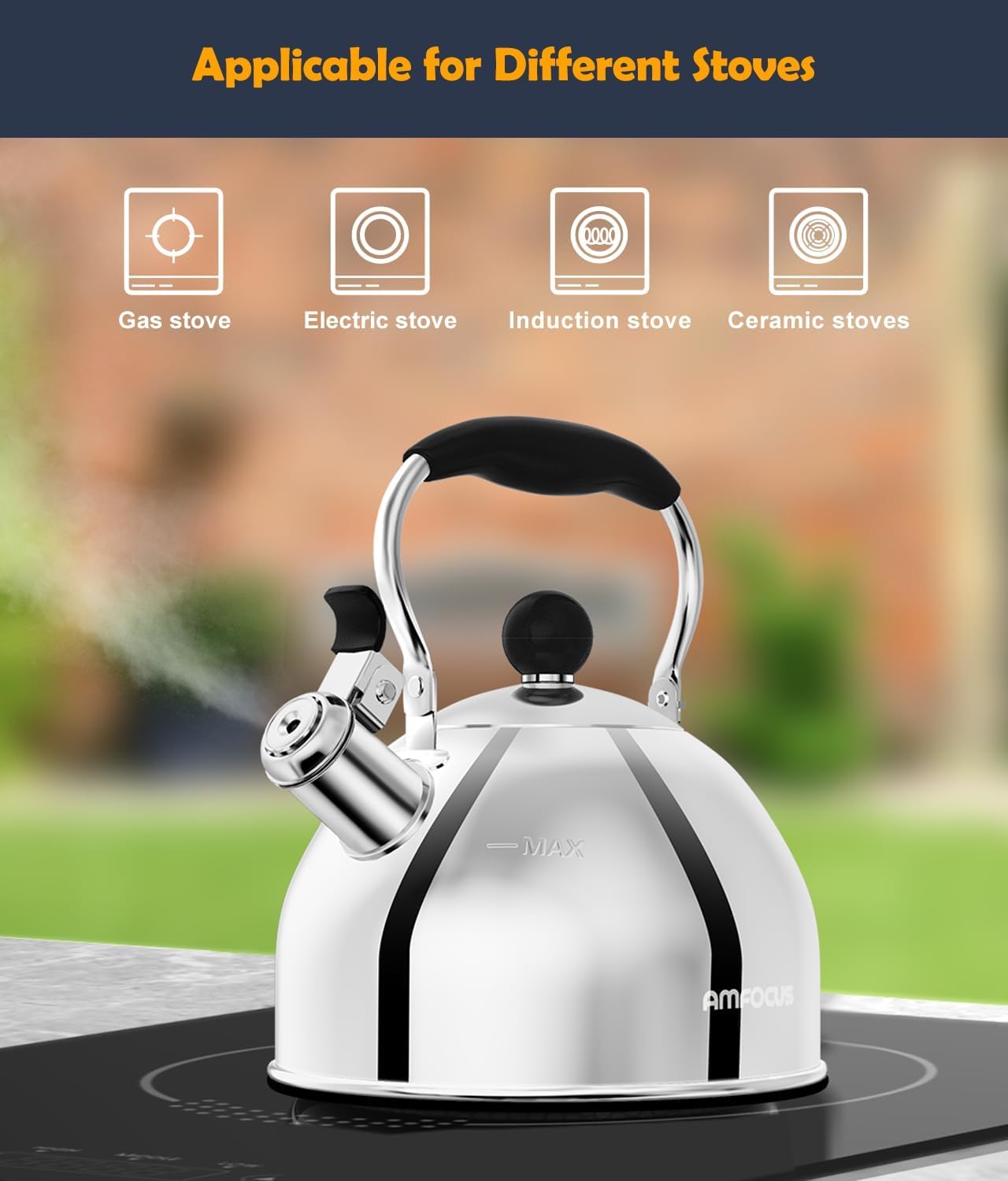 AMFOCUS kettle bottom design for fast heating on a stove.