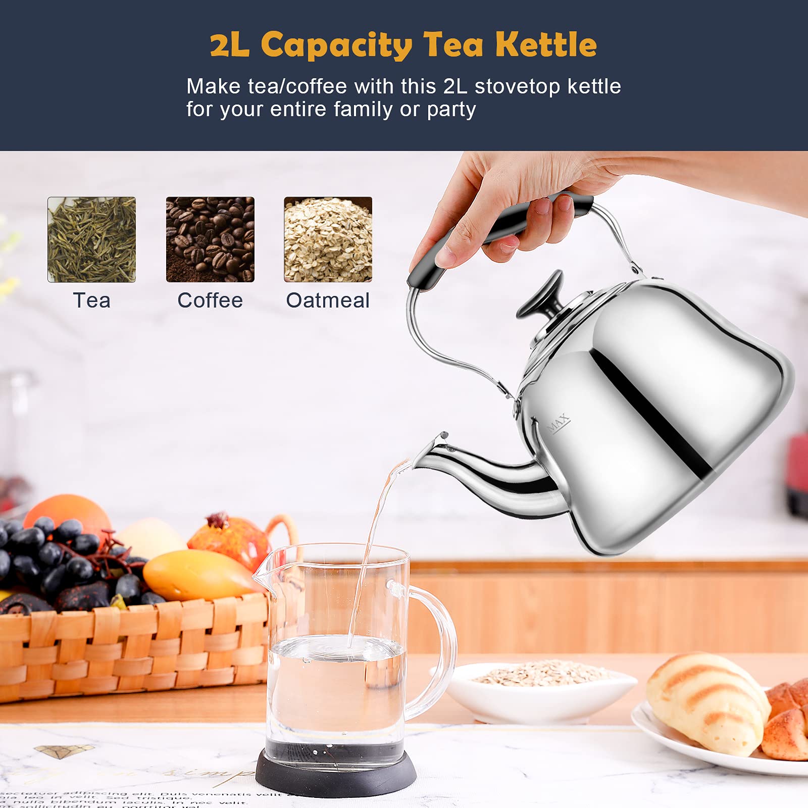 AMFOCUS Tea Kettle mirror finish enhances kitchen decor.