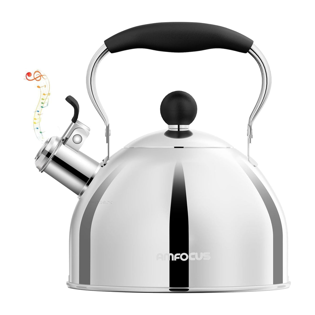 AMFOCUS tea kettle in stainless steel viewed from the side, ready for everyday stovetop use.