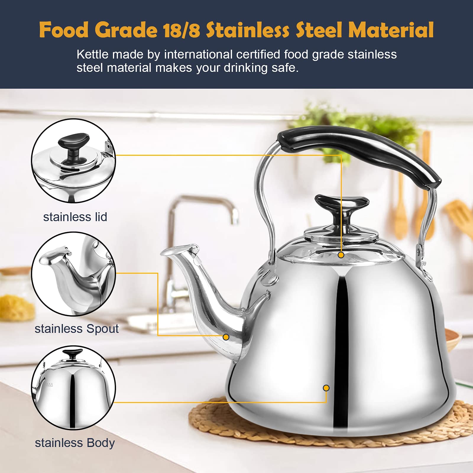 AMFOCUS Tea Kettle stainless steel surface is rust-resistant and easy to clean.