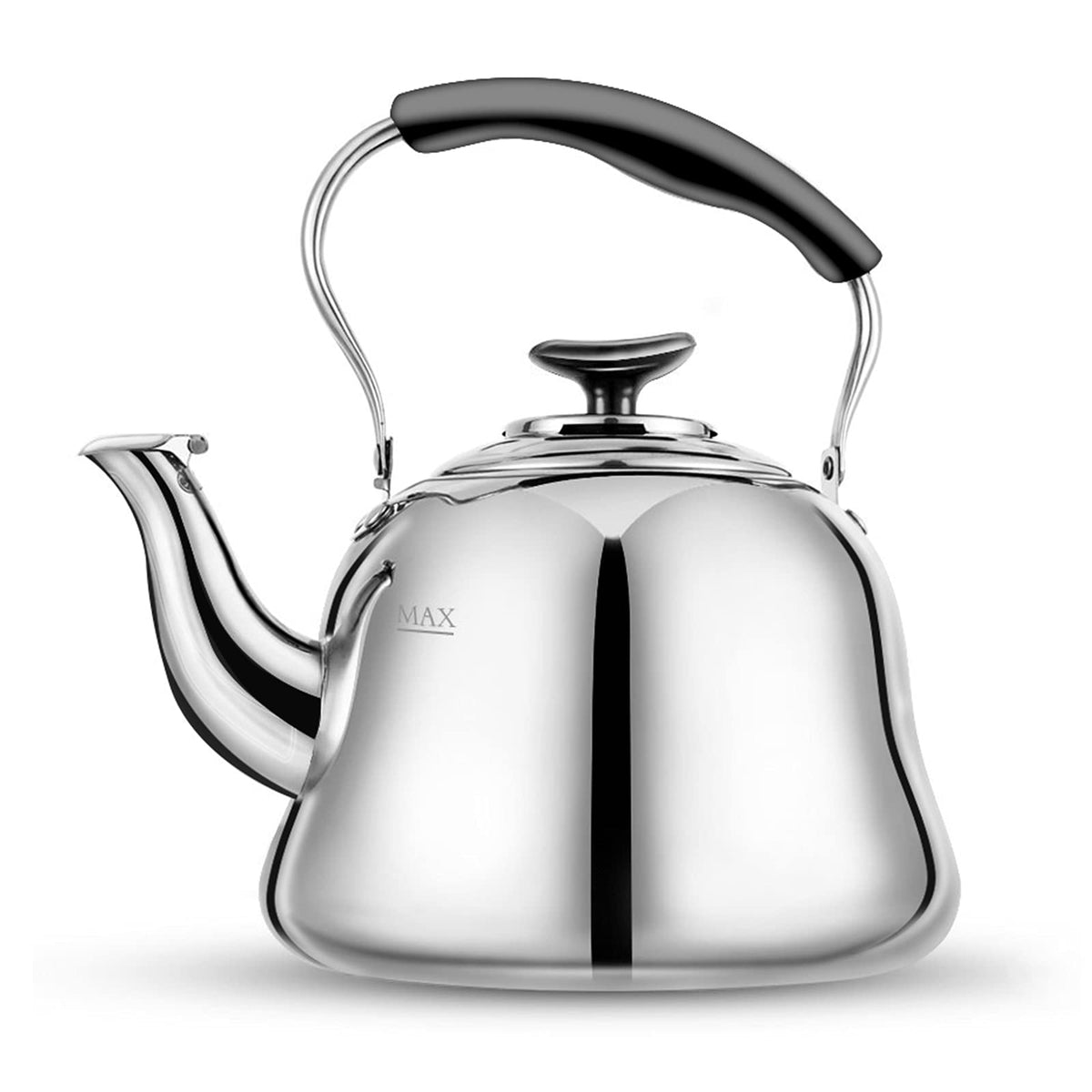 AMFOCUS Tea Kettle on stovetop with mirror finish adds kitchen elegance while boiling water.