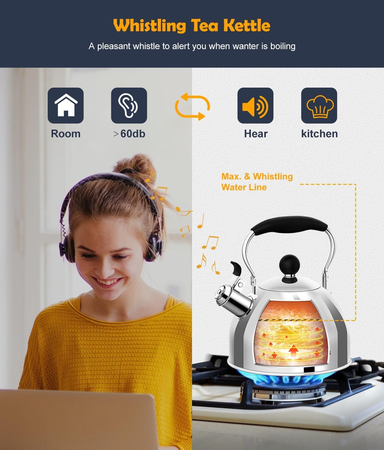 AMFOCUS tea kettle whistle in action signals boiling water clearly.