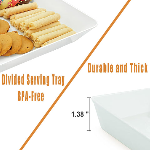 AMGBZT white plastic serving platters for quick cleanup and reuse.