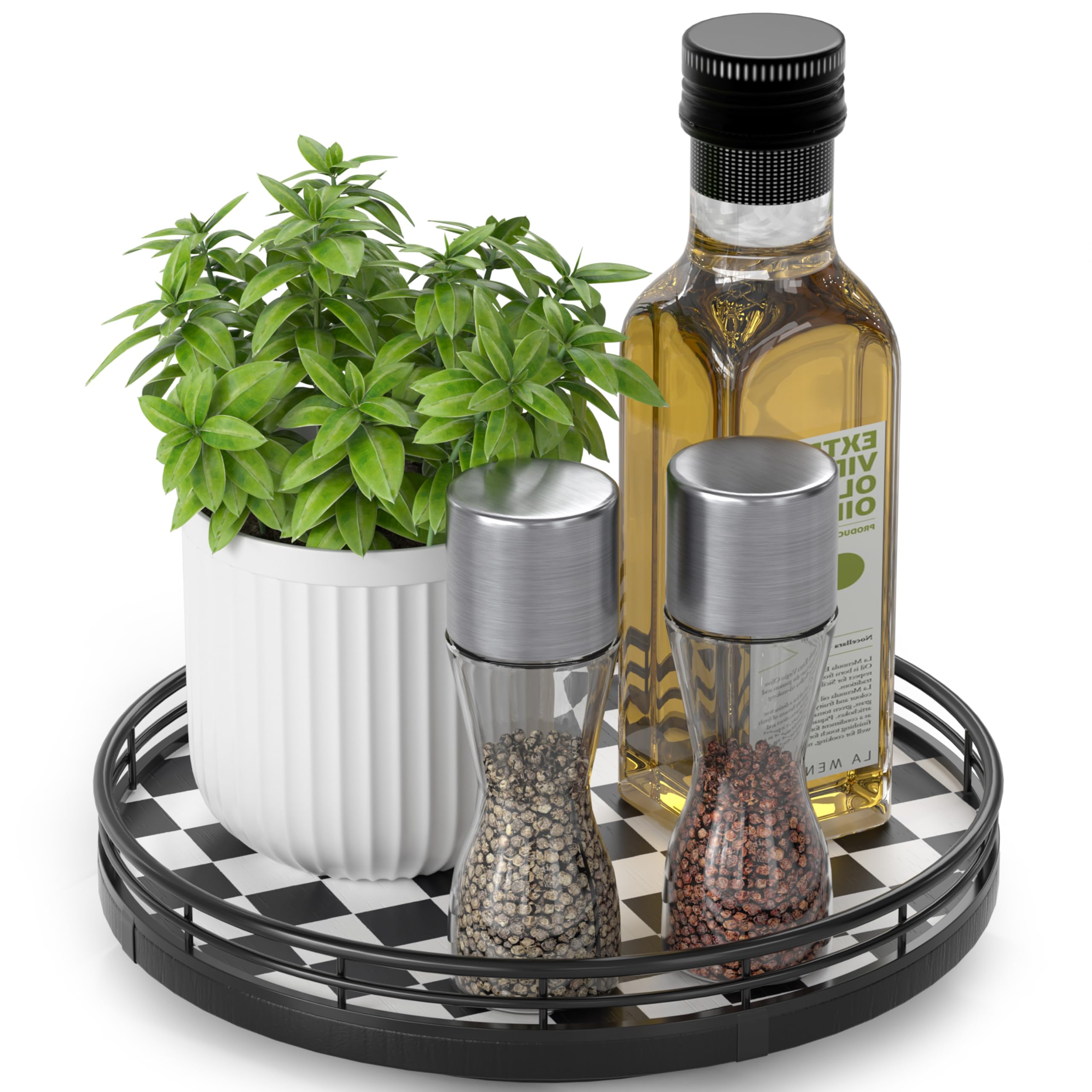 AMH black and white checkered lazy susan top view for organized spices