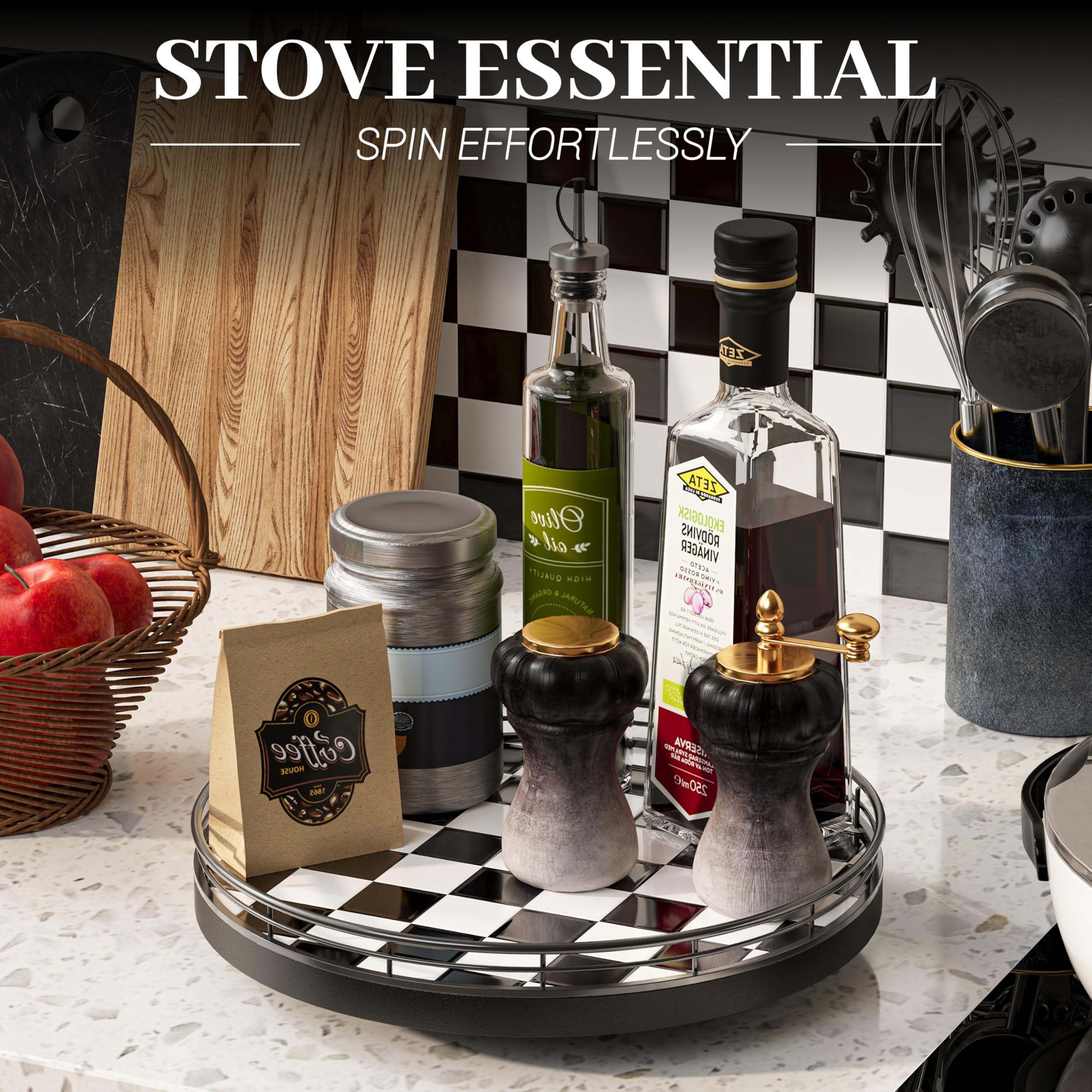 AMH checkerboard lazy Susan ceramic tile surface cleans easily after meals.