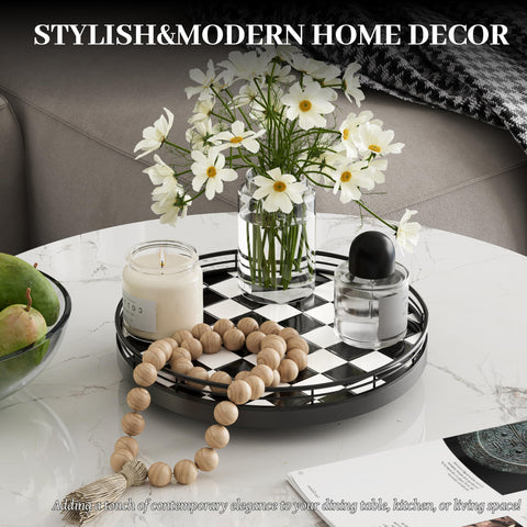 AMH checkerboard lazy Susan iron frame emphasizes contemporary dining appeal.