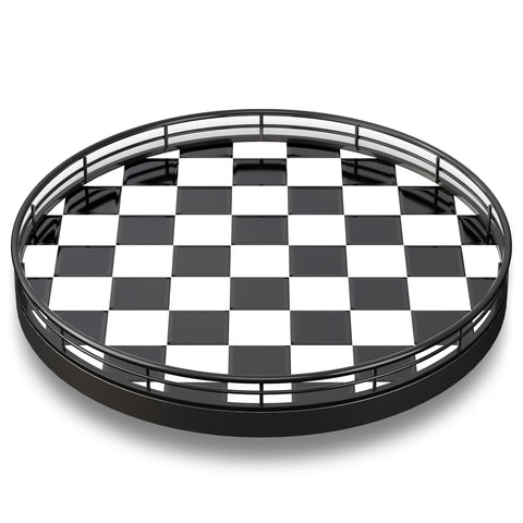 AMH checkerboard lazy Susan with oak base offers durable table service.