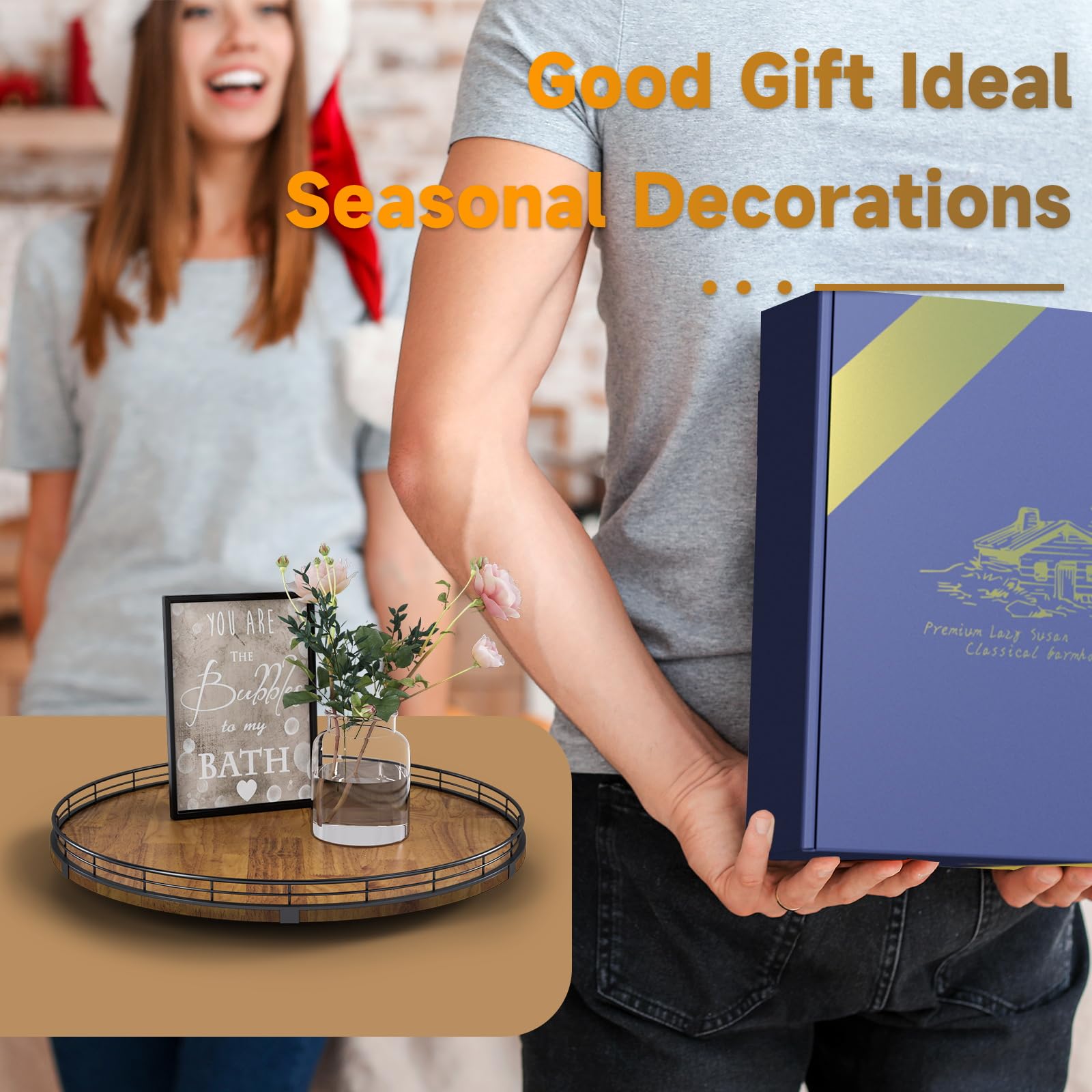 AMH Farmhouse Oak 18in Lazy Susan counter space organizer adds rustic charm