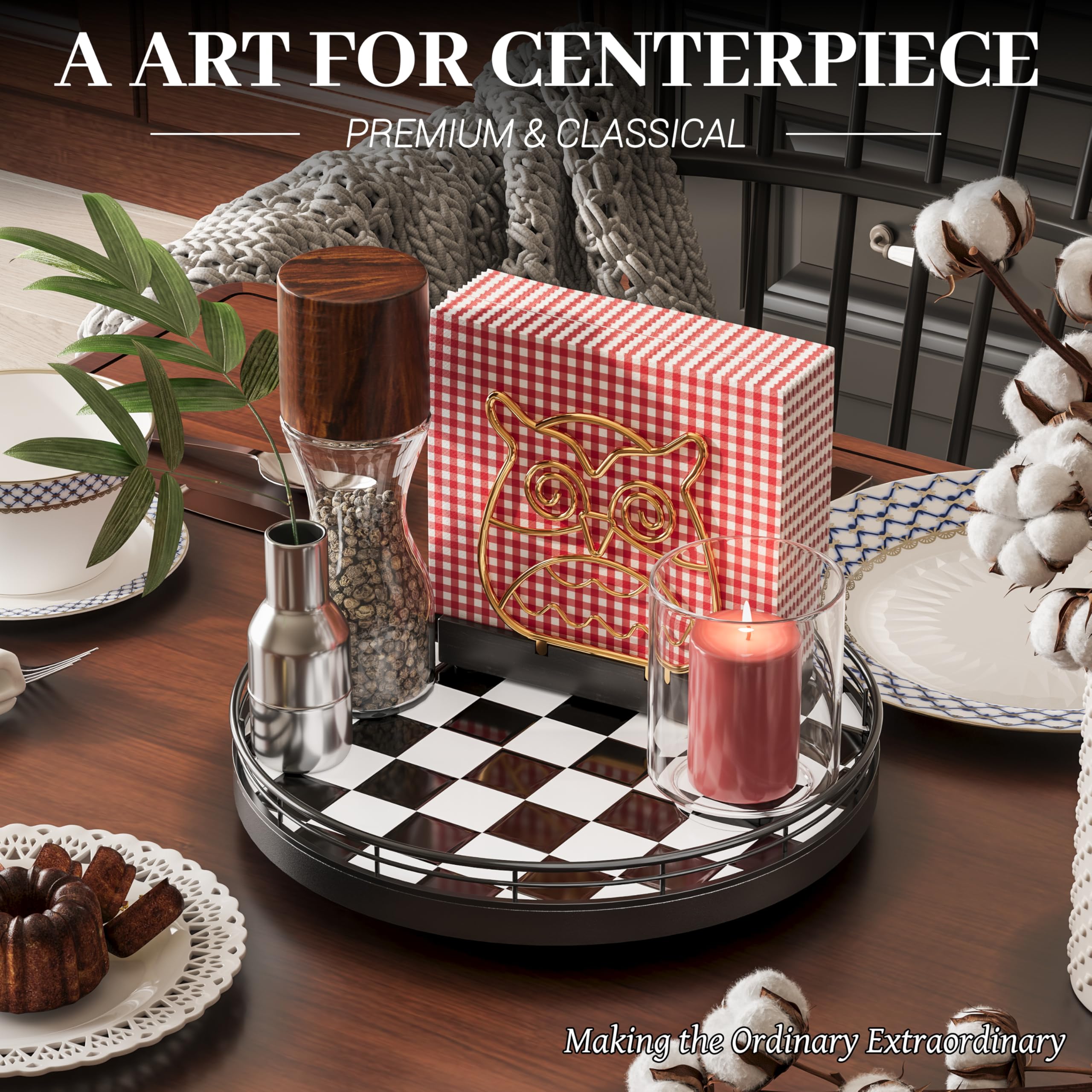 AMH checkerboard lazy Susan on dining table boosts sharing and accessibility.