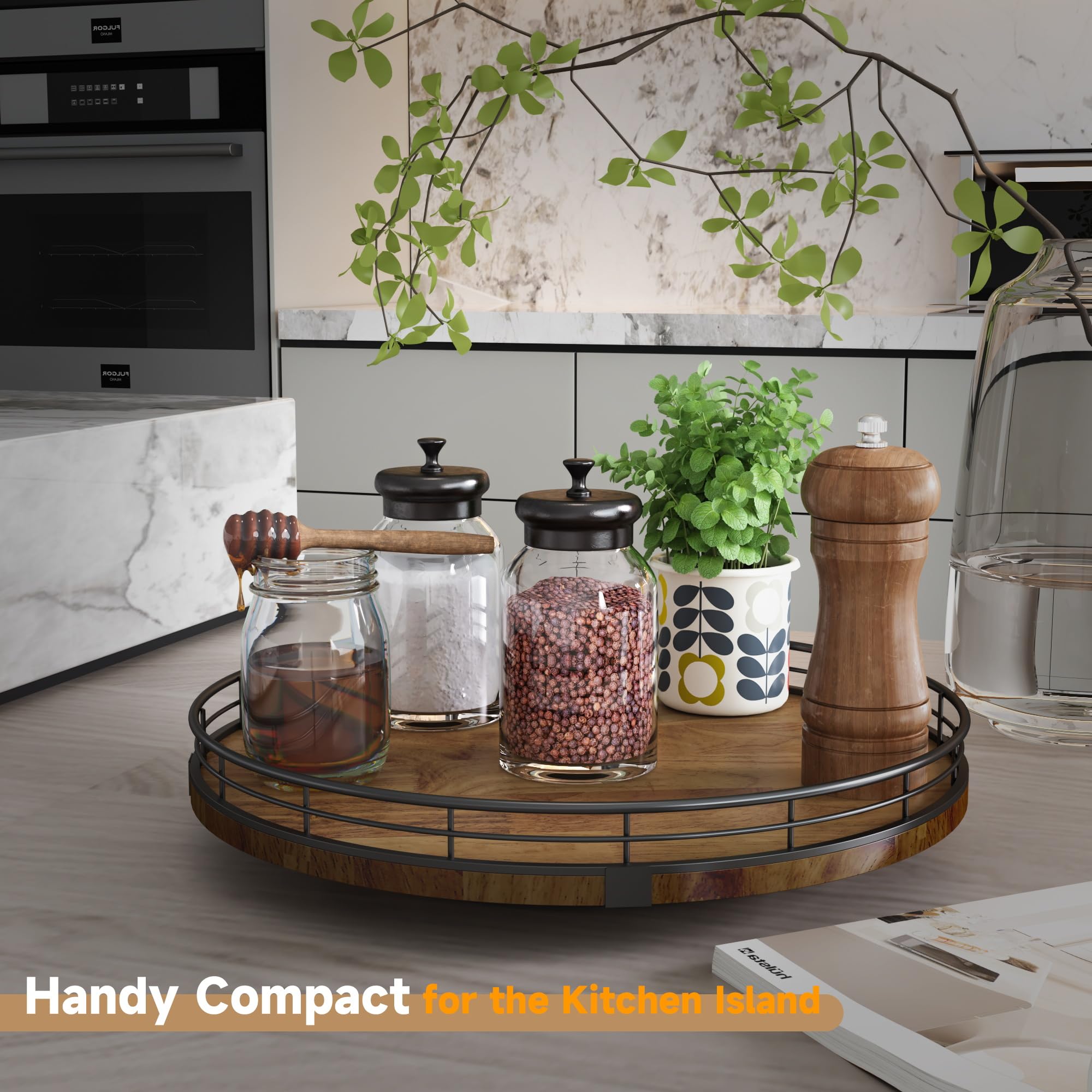 AMH Farmhouse Oak Lazy Susan side angle showing sturdy oak base and steel bearing