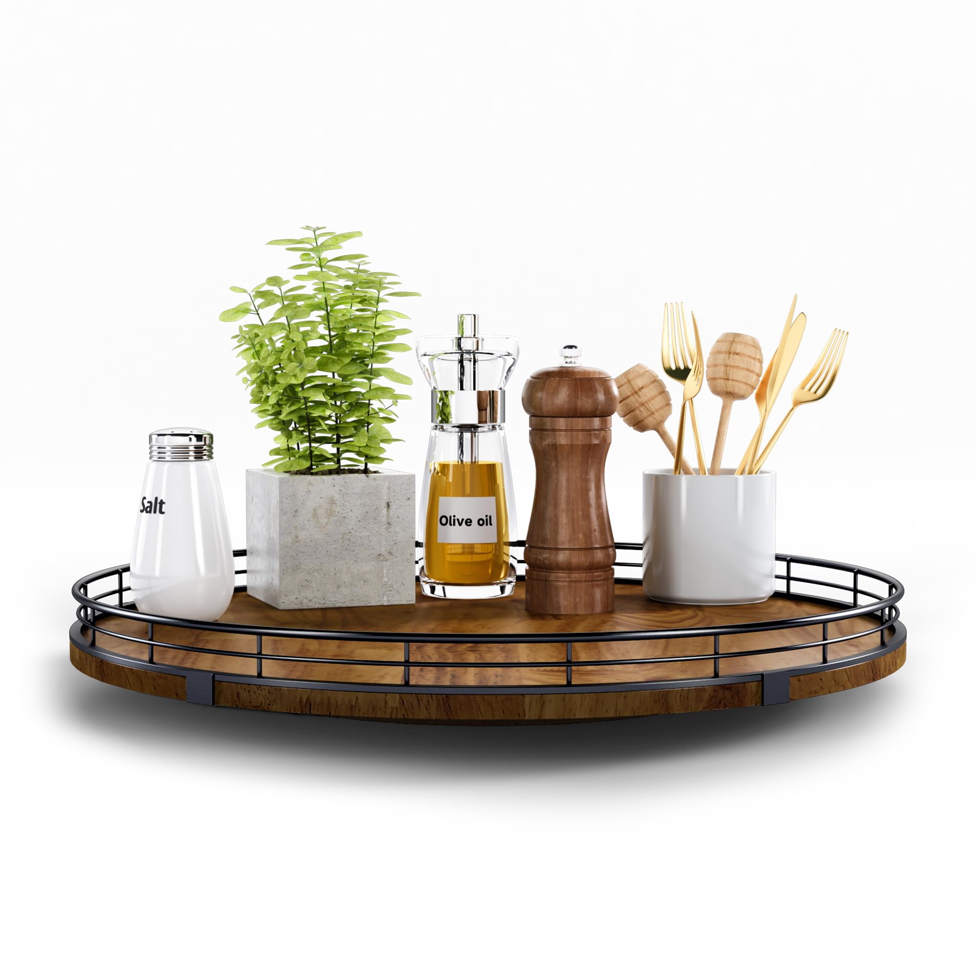 AMH Farmhouse Oak 16in Lazy Susan top view highlights 360° smooth rotation for easy access