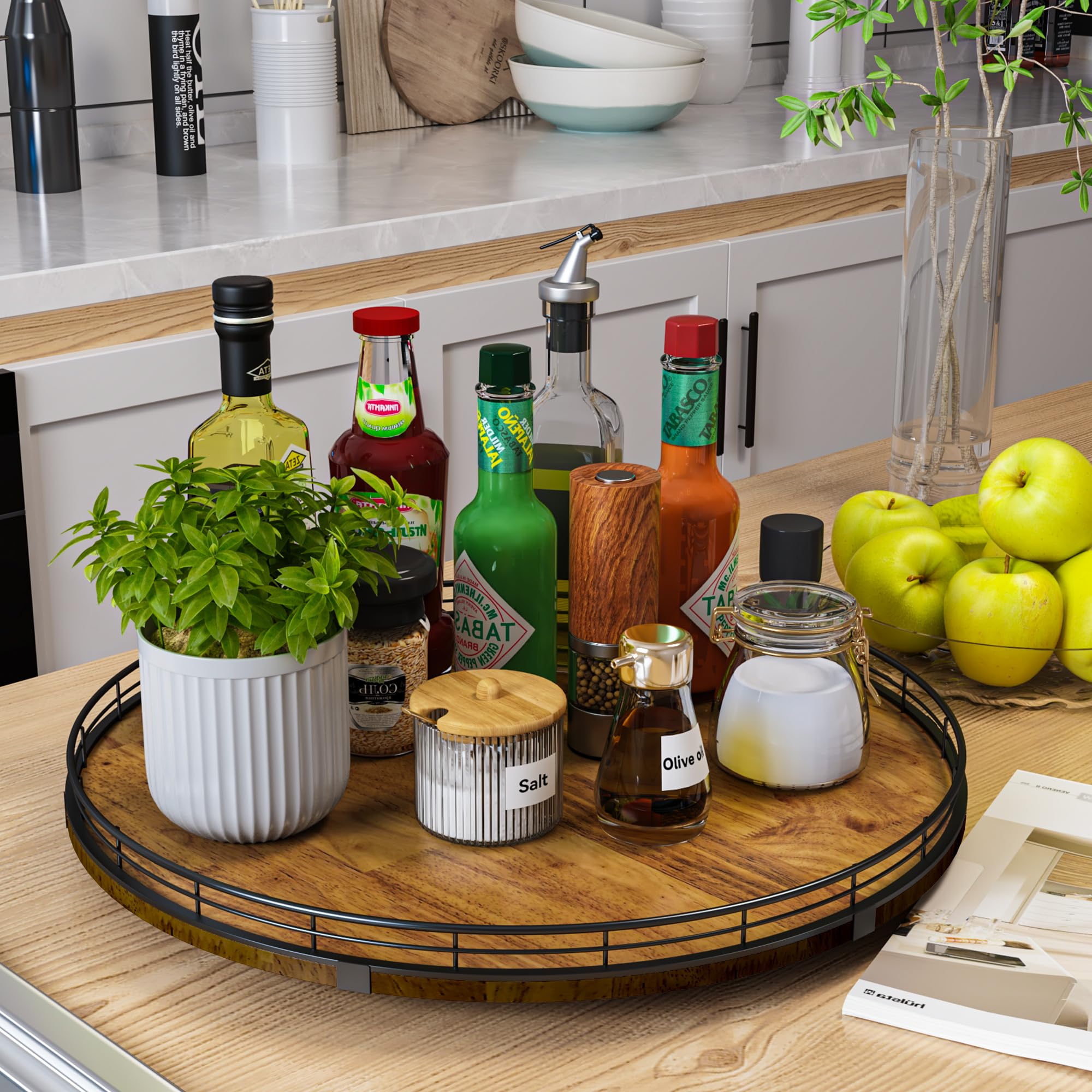 AMH Farmhouse Oak 18in Lazy Susan side view demonstrates compact elegance on countertops