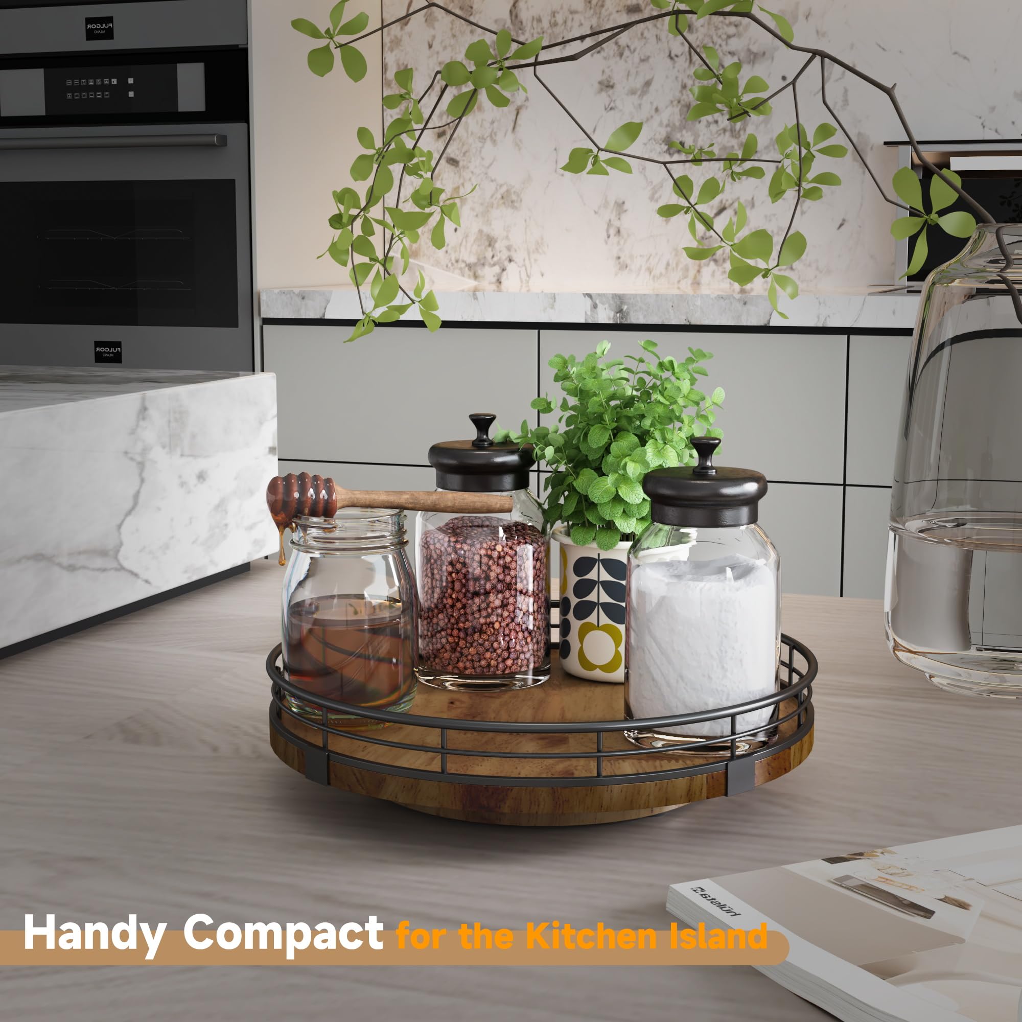 AMH Farmhouse Oak 9-inch Lazy Susan side angle for cabinet accessibility.