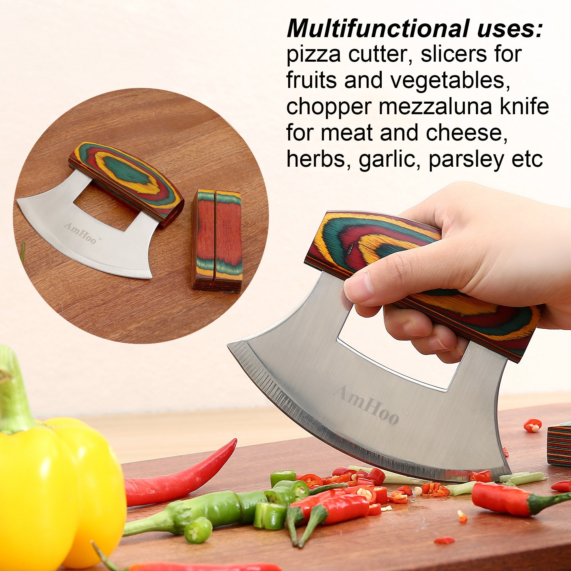 AmHoo color wood handle adds grip and kitchen style.