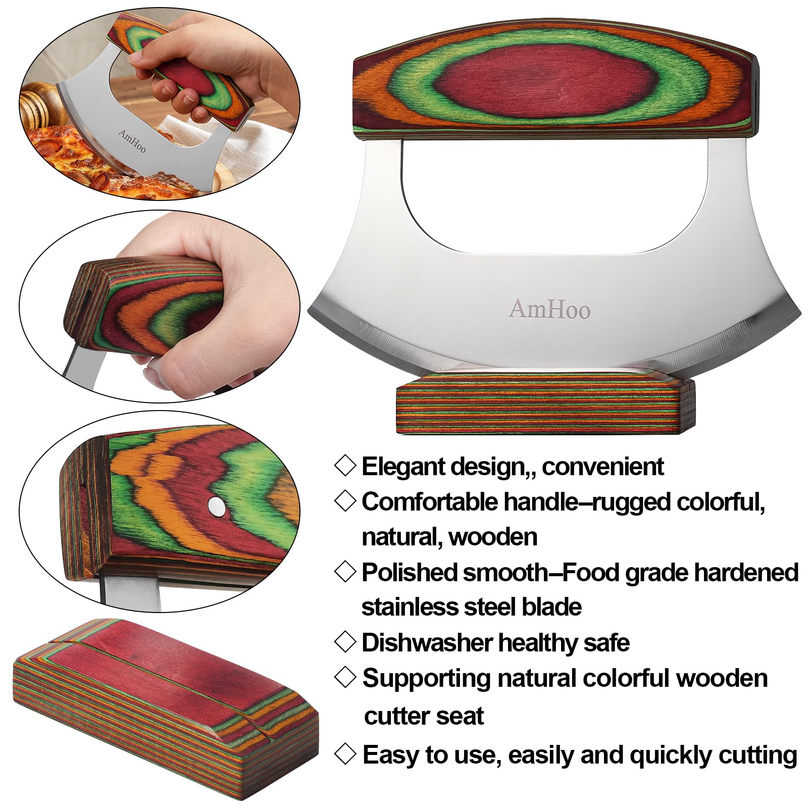 AmHoo pizza cutter wooden holder base keeps tool organized.