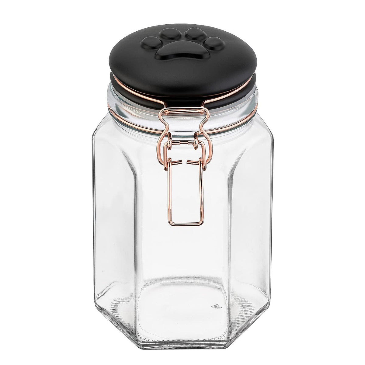 Amici Pet Bernese clear glass treat canister with black ceramic lid keeps treats fresh and visible