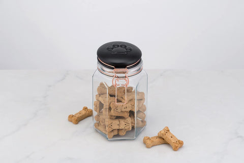 Amici Pet Bernese glass canister with rose-gold clips for stylish pantry storage