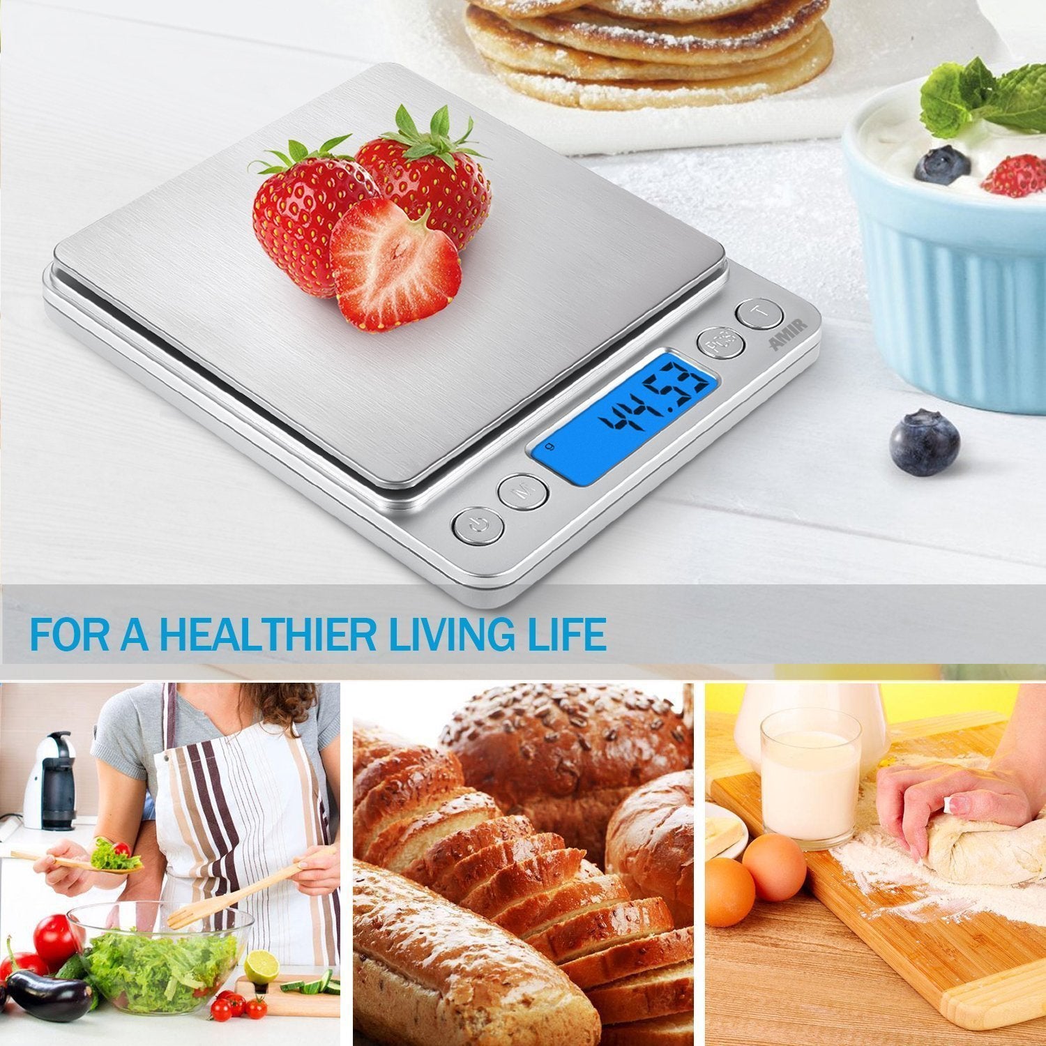 AMIR digital kitchen scale showing back-lit display for quick, readable results.