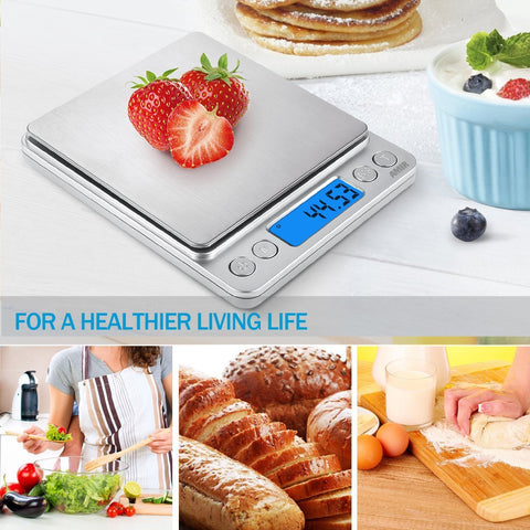 AMIR digital kitchen scale showing back-lit display for quick, readable results.