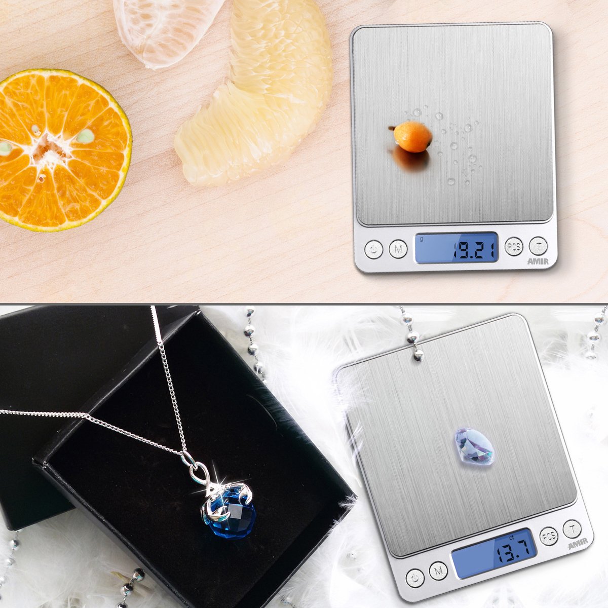 AMIR stainless steel platform on a compact kitchen scale for durability.