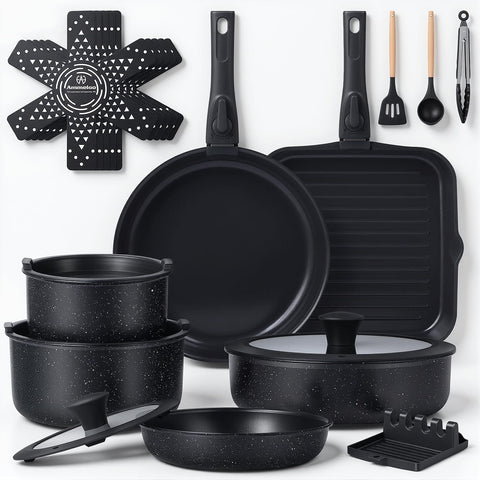 Ammeloo 21 Pcs Pots and Pans set with detachable handle for compact RV storage.