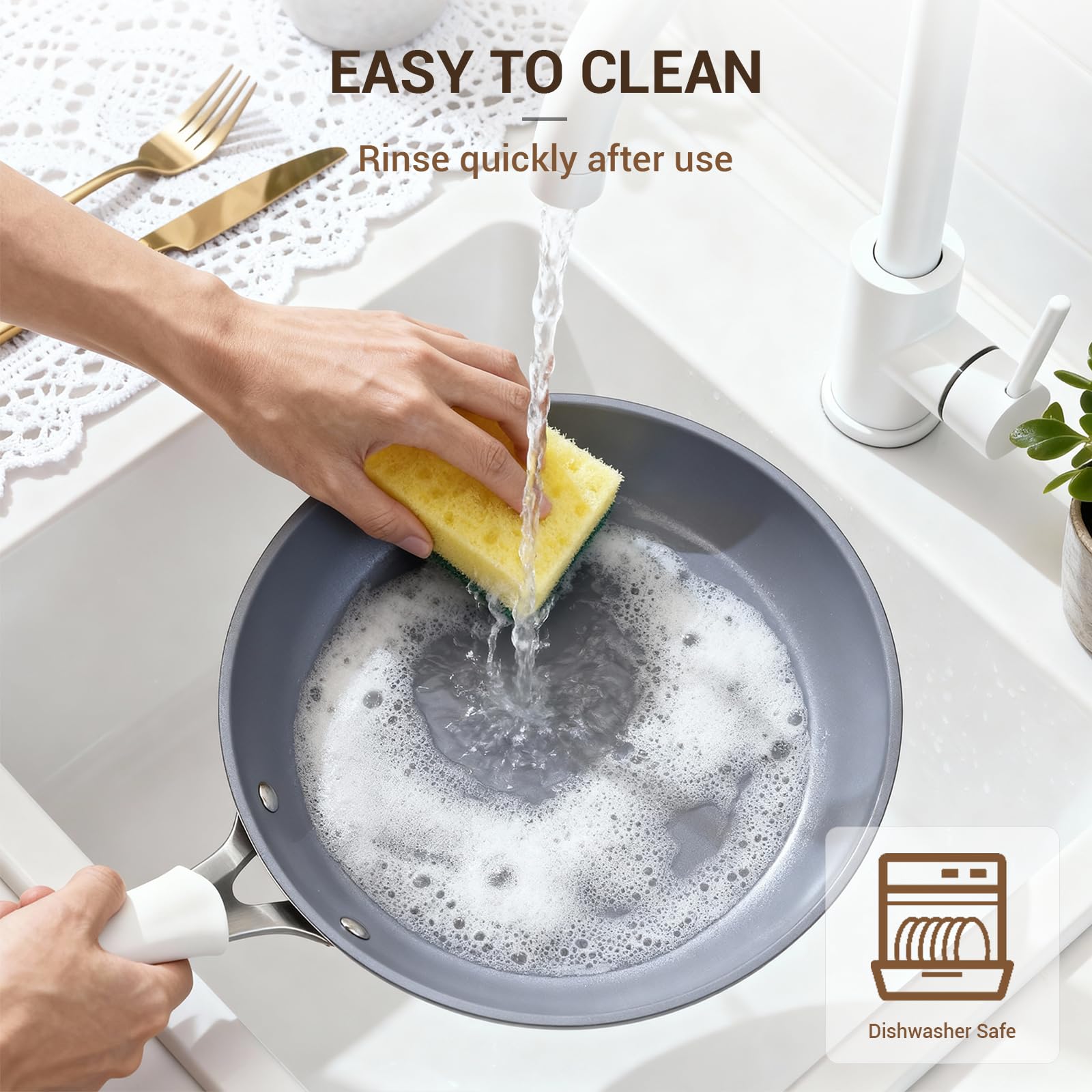 Ammeloo 8-inch ribbed ceramic frying pan with comfortable handle.