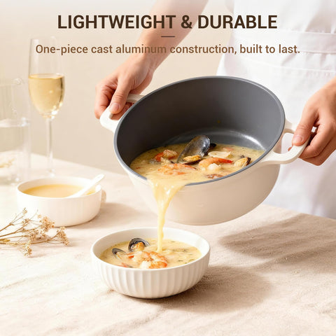 Ammeloo aluminum base delivers rapid, even heating for soups.