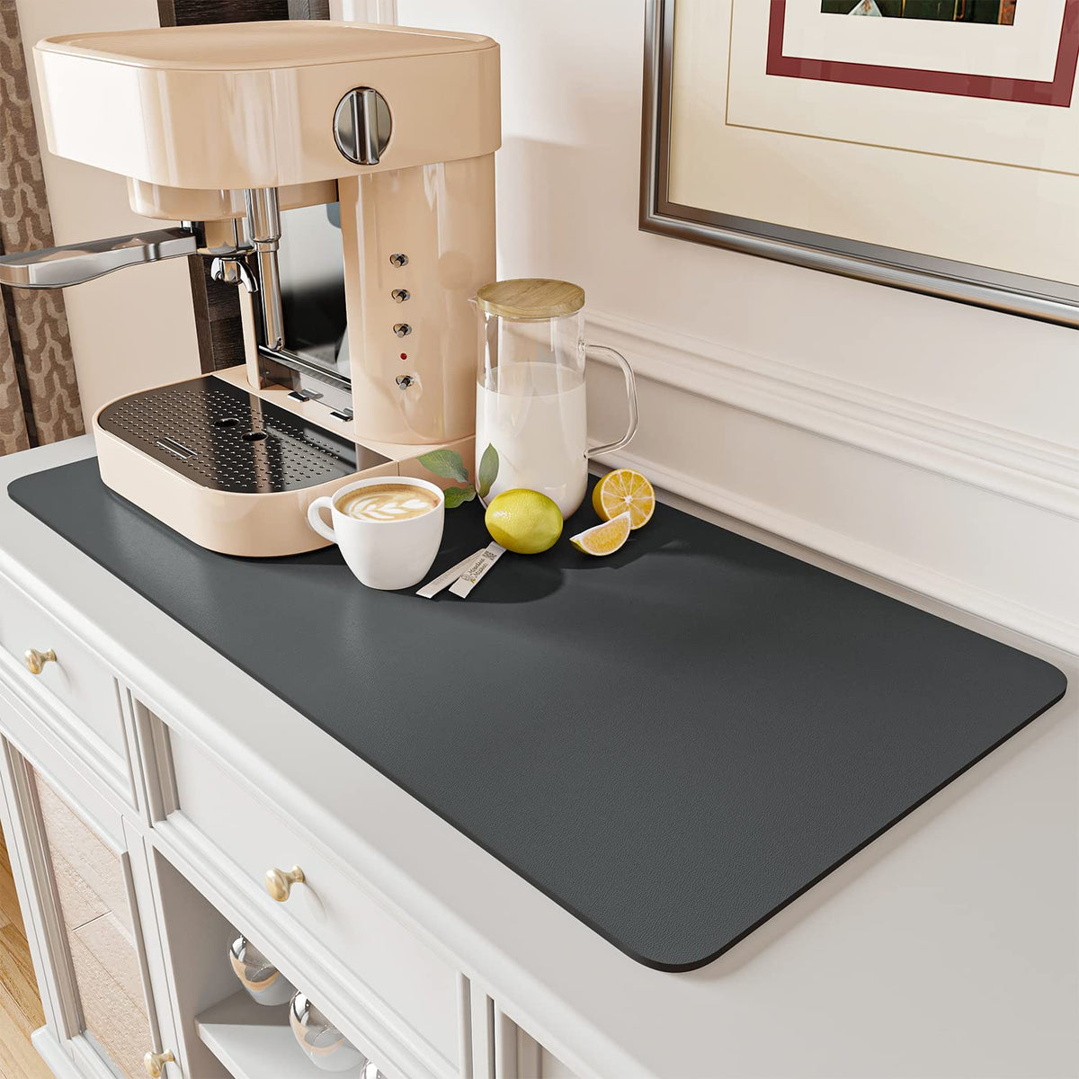 AMOAMI coffee mat hide-stain rubber-backed on kitchen counter protects against spills.