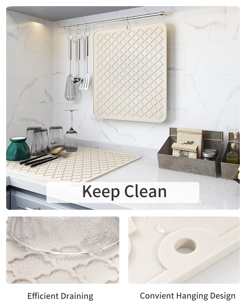 AMOAMI dish drying mat highlights heat-resistant silicone for safe handling of hot dishes.
