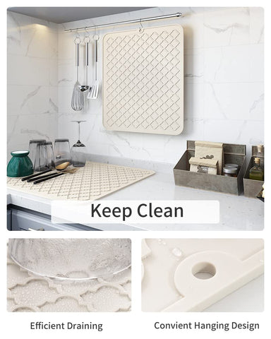 AMOAMI dish drying mat highlights heat-resistant silicone for safe handling of hot dishes.