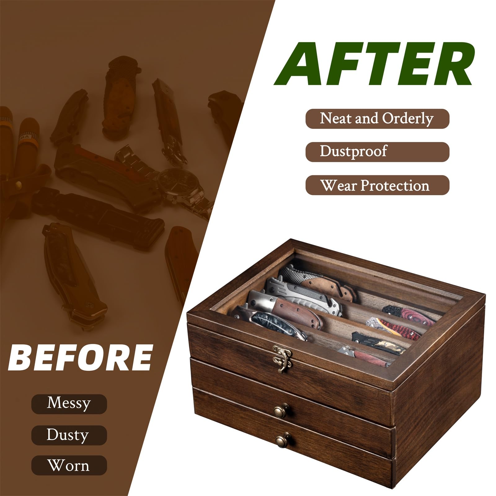 amoard Knife Display Case has a 7.7" x 4.4" compartment for secure storage of items.
