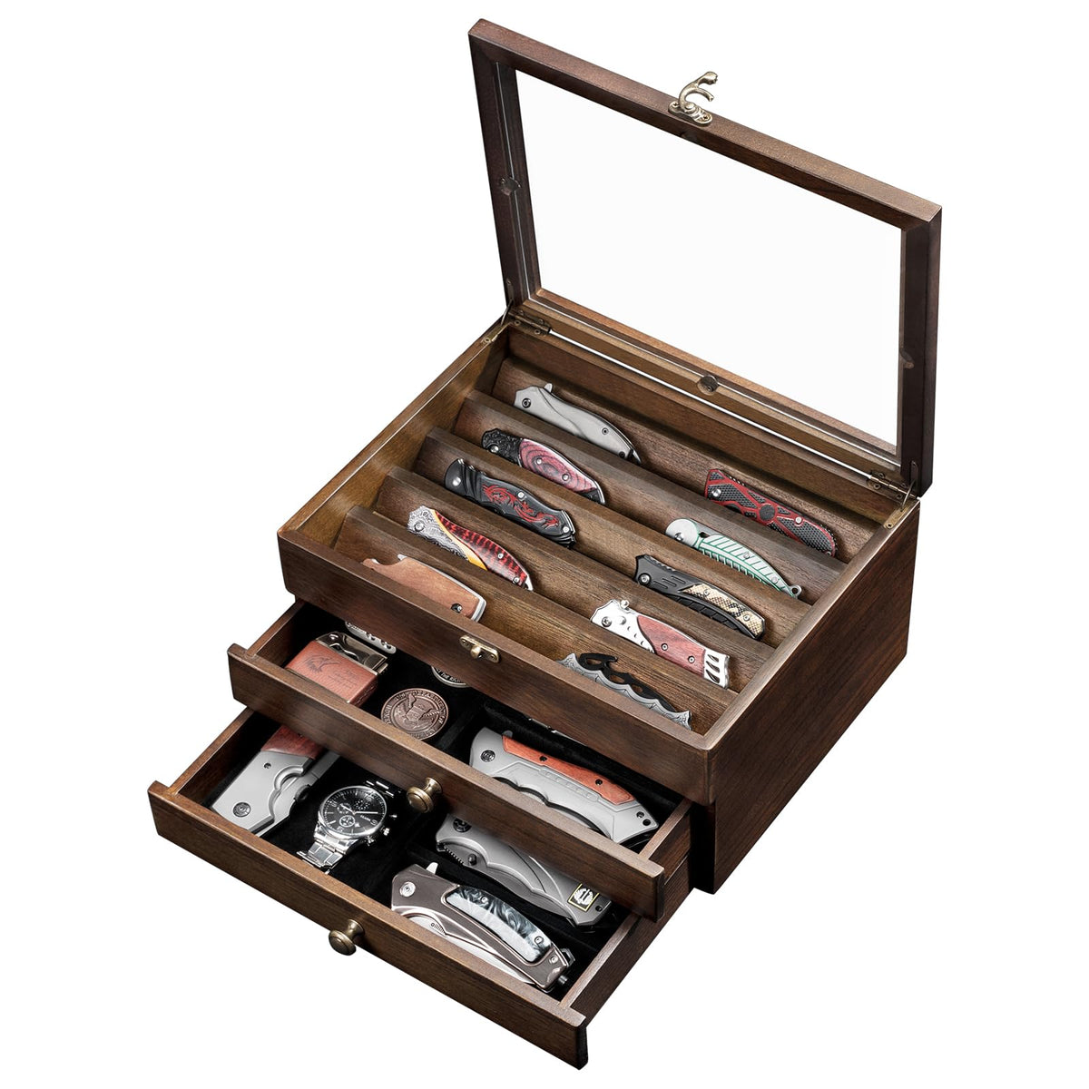 amoard Knife Display Case with glass lid, top view highlighting the organized display for prized blades.